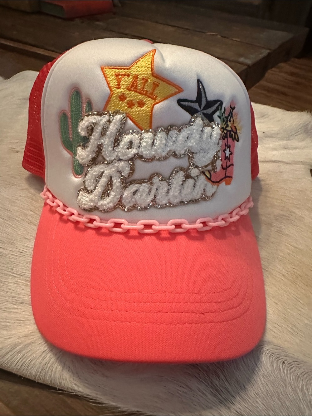 Howdy darlin patchwork pink trucker hat with pink chain